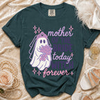 Dark green t-shirt with a ghost bride graphic and "mother of the bride today witch forever" text.