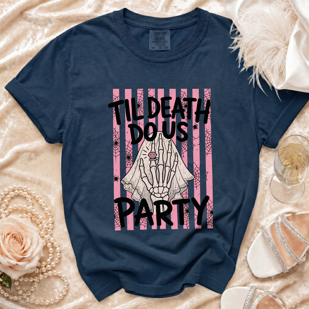 Navy t-shirt with "Til Death Do Us Party" text and skeleton hand graphic.