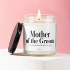 Candle labeled "Mother of the Groom" with text "the woman who raised the man of my dreams. VOWED".