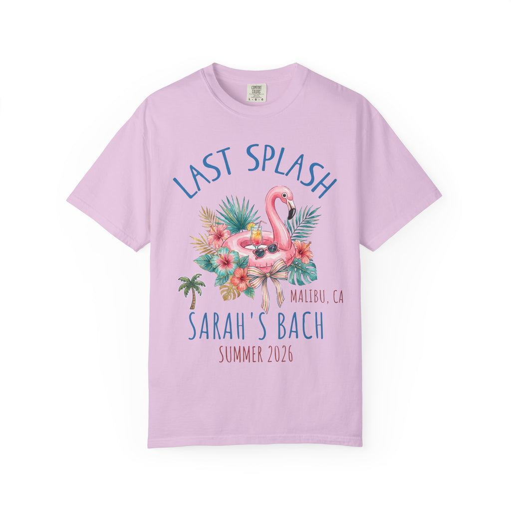 Pink flamingo in sunglasses with tropical leaves, "Last Splash Sarah's Bach Malibu CA Summer 2026".