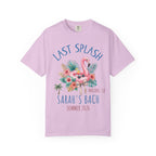 Pink flamingo in sunglasses with tropical leaves, "Last Splash Sarah's Bach Malibu CA Summer 2026".