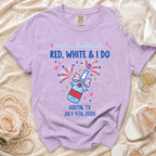 Purple t-shirt for "Willow's Bachelorette" with "Red, White & I Do" text.