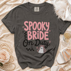 Dark grey t-shirt with "Spooky Bride On Duty" text and ghost graphic.