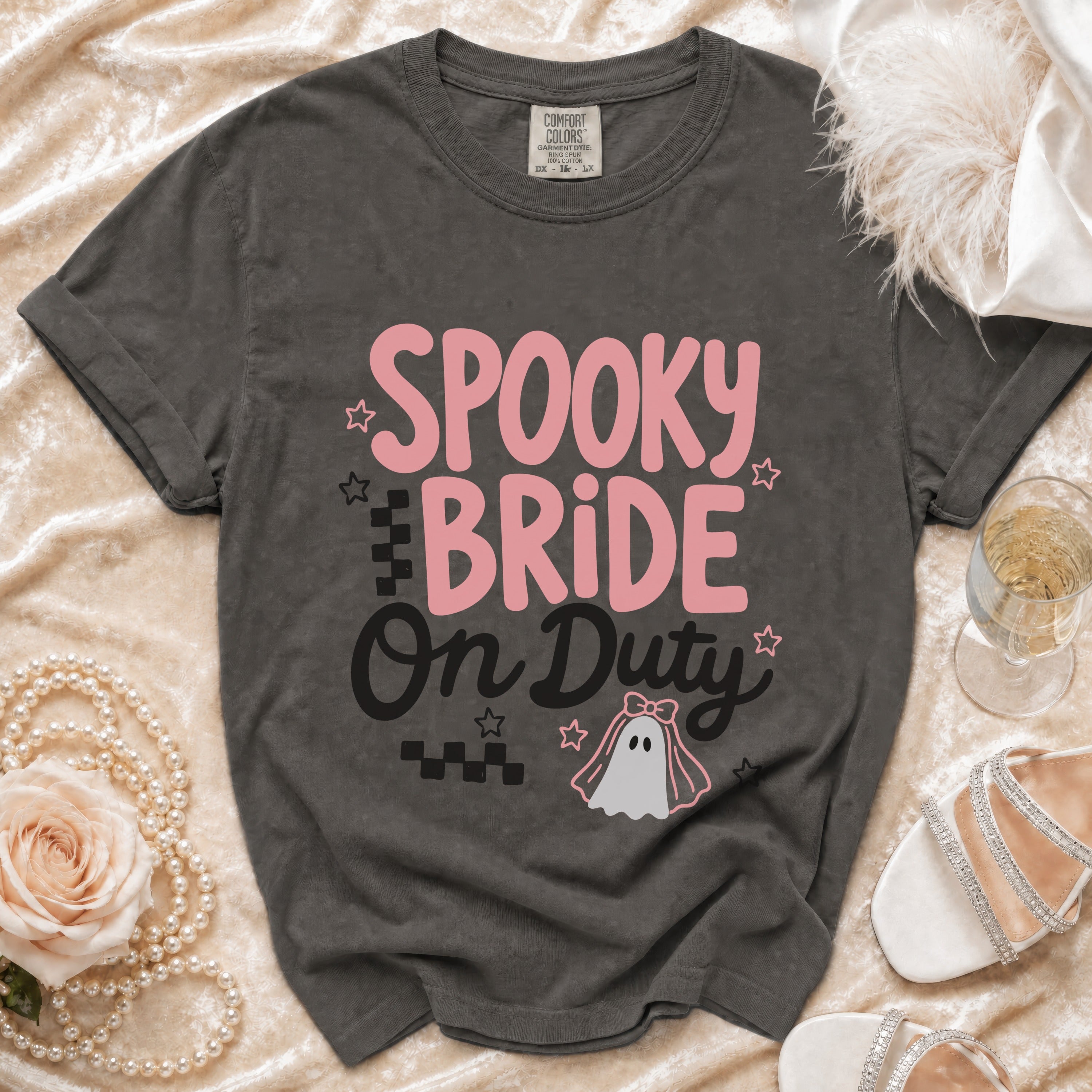 Dark grey t-shirt with "Spooky Bride On Duty" text and ghost graphic.