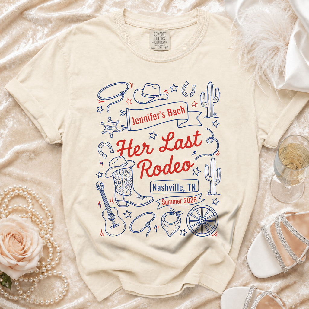 Cream t-shirt with "Jennifer's Bach Her Last Rodeo Nashville, TN Summer 2026" graphic.