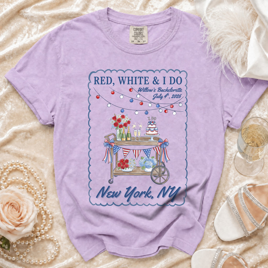 Red, white, and I Do Willow's Bachelorette July 4th, 2026 New York t-shirt.