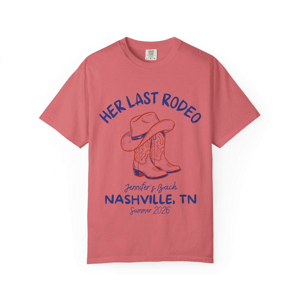 Coral t-shirt with "Her Last Rodeo" and bachelorette details.