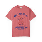 Coral t-shirt with "Her Last Rodeo" and bachelorette details.