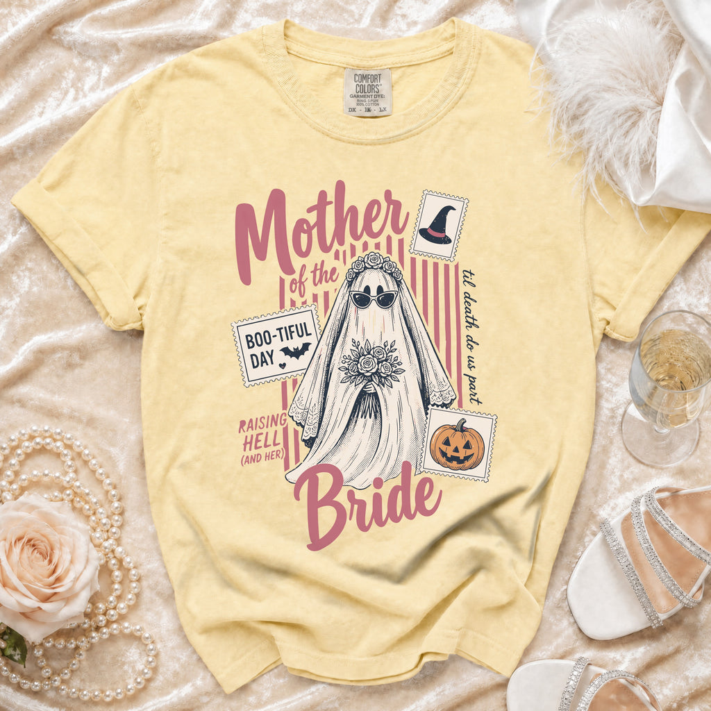 Yellow t-shirt with a ghost bride graphic, "Mother of the Bride" text, and Halloween stamps.