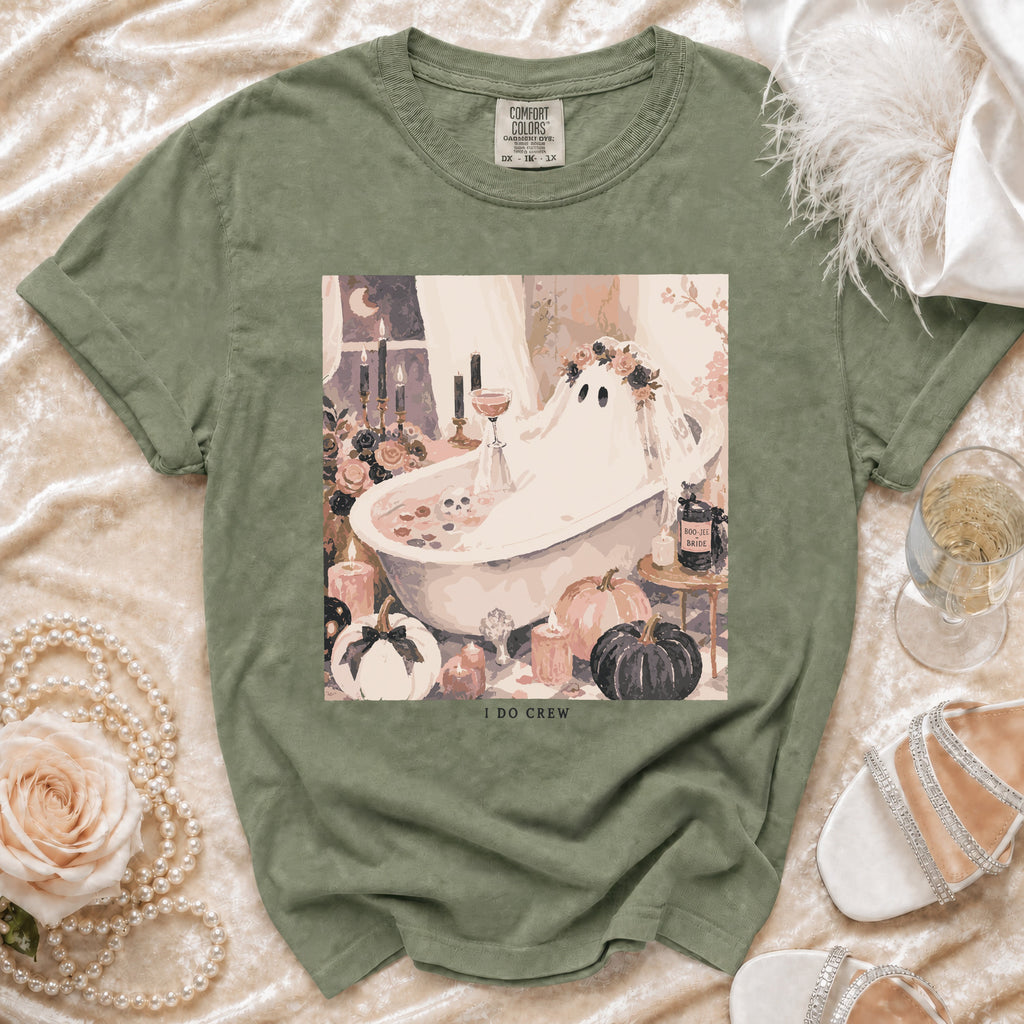 T-shirt with ghost in bathtub graphic and "I DO CREW" text.
