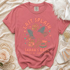 Pink t-shirt with "Last Splash Sarah's Bach Malibu CA Summer 2026" and flamingo graphic.