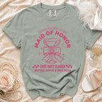 Maid of Honor t-shirt with "Chief Party Planner" text and champagne glass graphic.