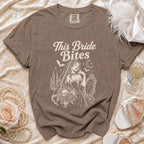 Brown t-shirt with "This Bride Bites" text and a vampire bride graphic.