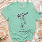 Mint green t-shirt with a skeleton bride graphic and text "Till Death Do Us Party".