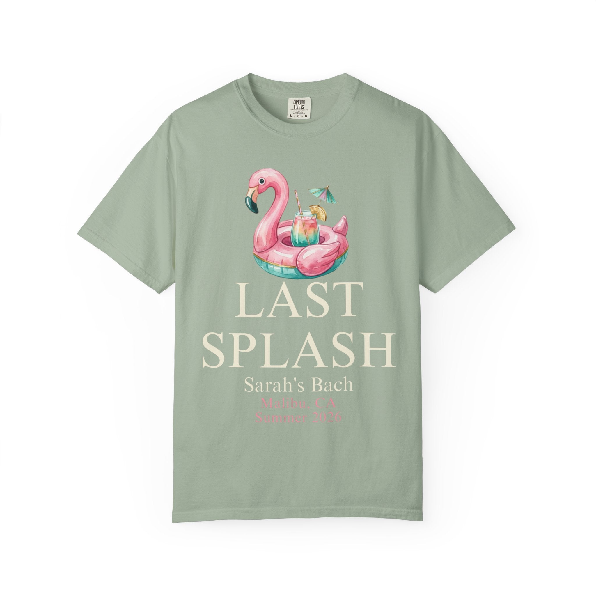 T-shirt with flamingo float, "Last Splash," Sarah's Bach, Malibu, CA, Summer 2026.