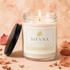 Lit bridesmaid candle with "Sienna" text and proposal "Will you be my bridesmaid?"