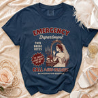 Navy t-shirt with "Emergency Department" and vampire bride graphic.