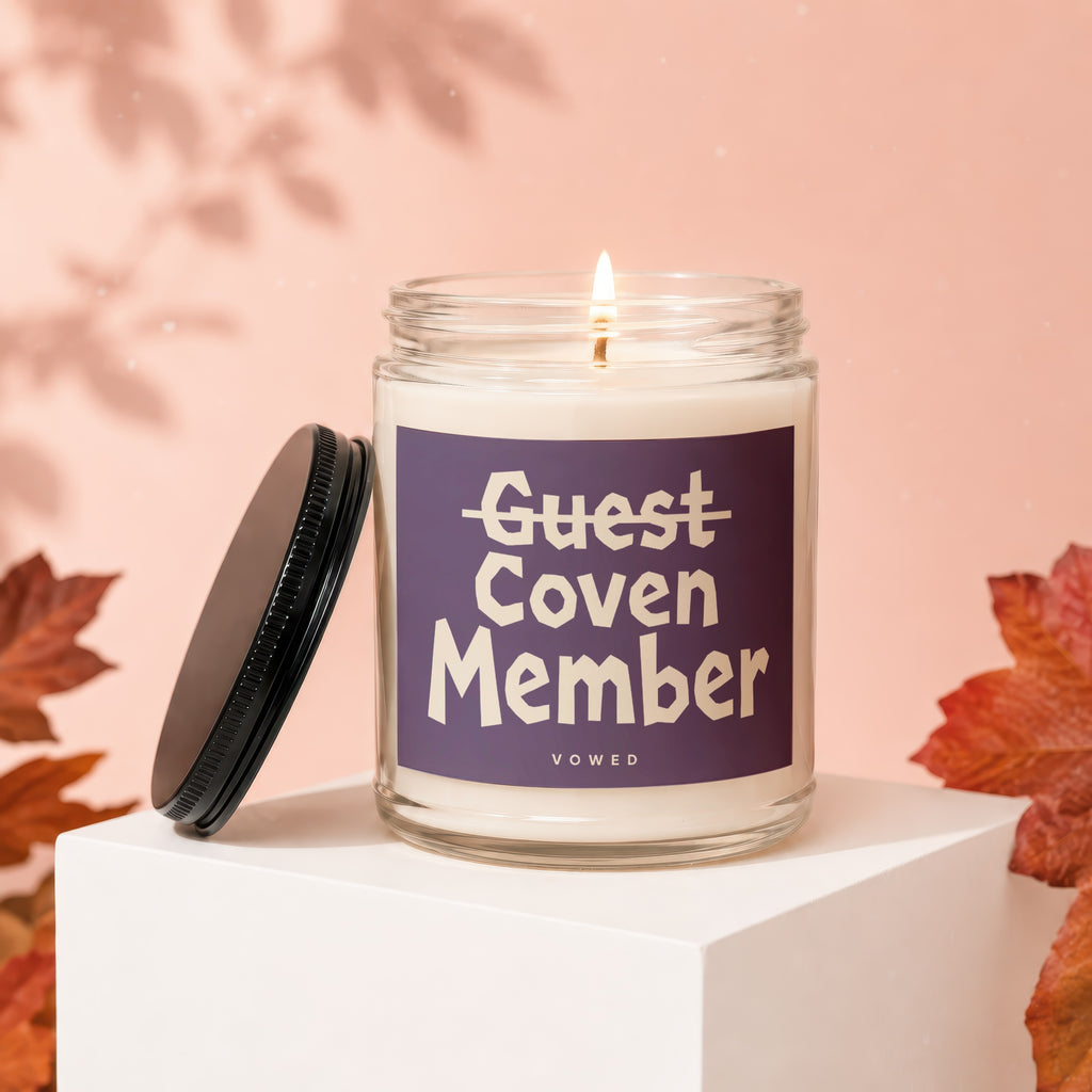 Candle with "Guest Coven Member" text and "vowed" below.