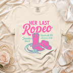 "Her Last Rodeo" bachelorette t-shirt with cowboy boots, hat, and lasso.