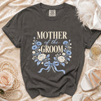Dark gray t-shirt with "MOTHER of the GROOM" in cream and blue floral design.