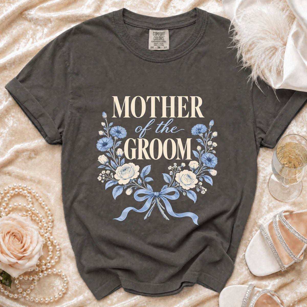 Dark gray t-shirt with "MOTHER of the GROOM" in cream and blue floral design.