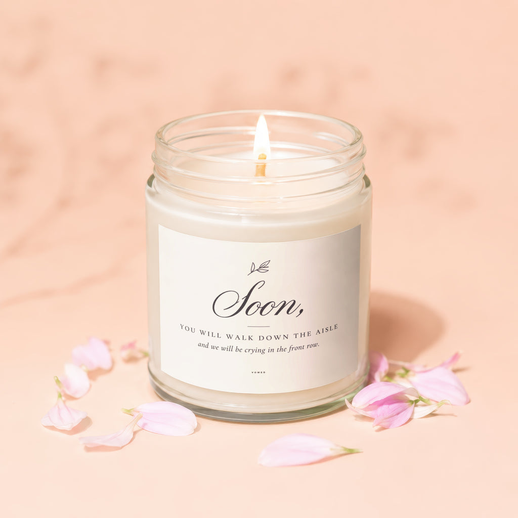 Candle with text "Soon, You will walk down the aisle".