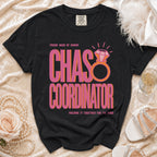 Black t-shirt with "Proud Maid of Honor Chaos Coordinator" text and a diamond ring graphic.