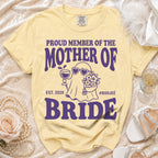 Yellow t-shirt with purple text "Proud Member of the Mother of Bride Est. 2026 #Boojee".