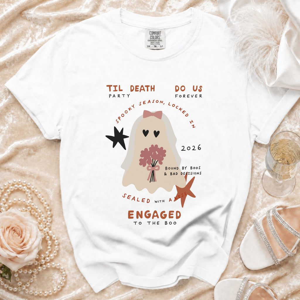 White t-shirt with ghost graphic saying "Til Death Do Us Party Forever".