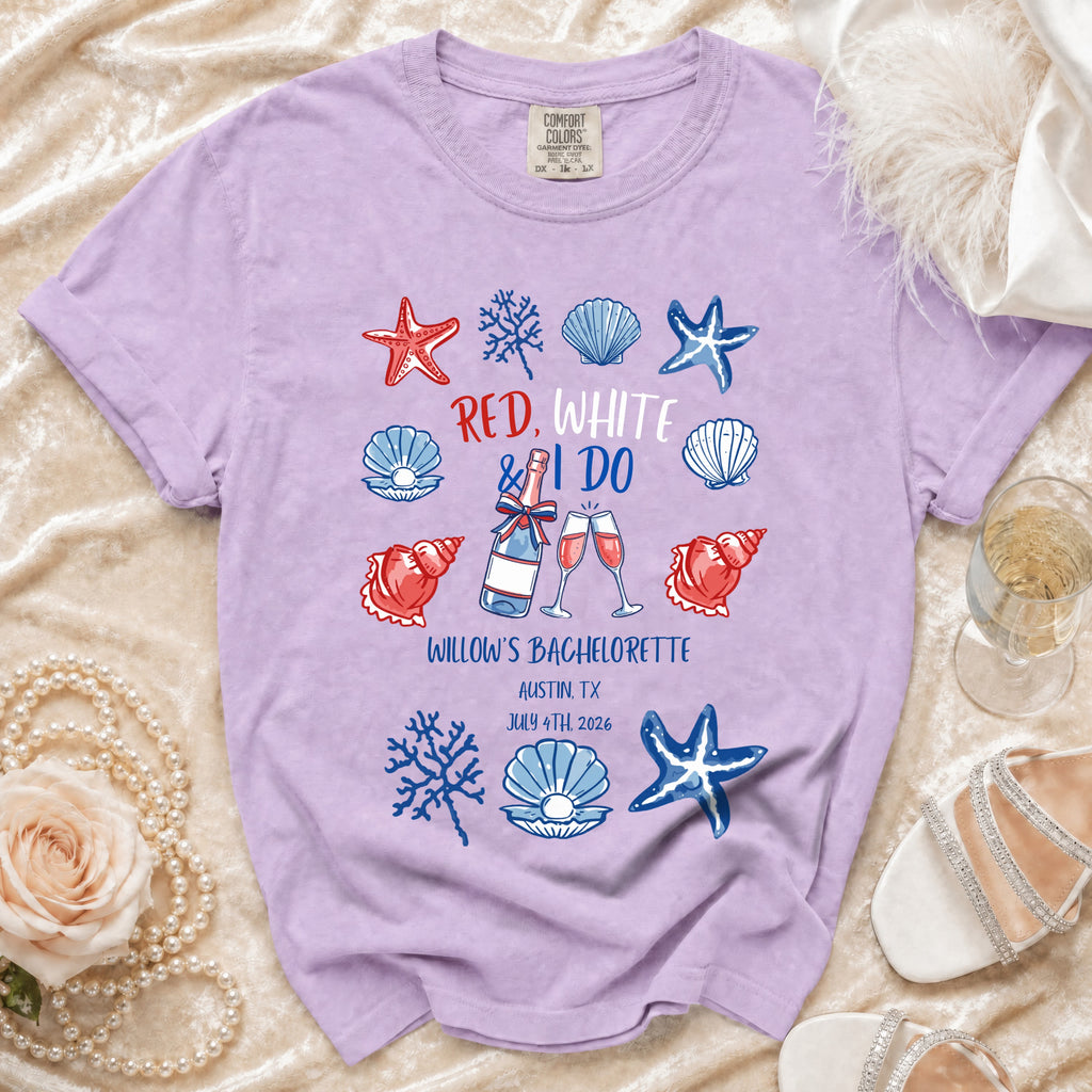 Red, White & I Do bachelorette t-shirt with starfish and shells, Austin TX, July 4th 2026.
