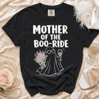 Black t-shirt with "MOTHER OF THE BOO-RIDE" and a ghost holding flowers and wine.