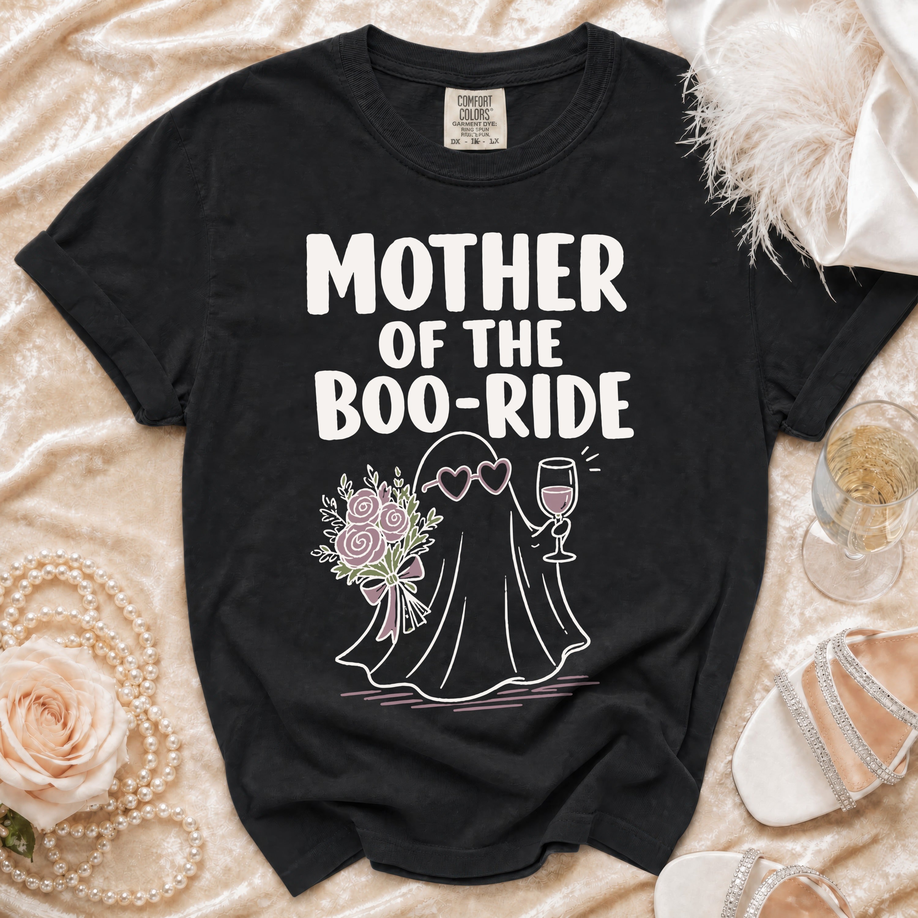 Black t-shirt with "MOTHER OF THE BOO-RIDE" and a ghost holding flowers and wine.