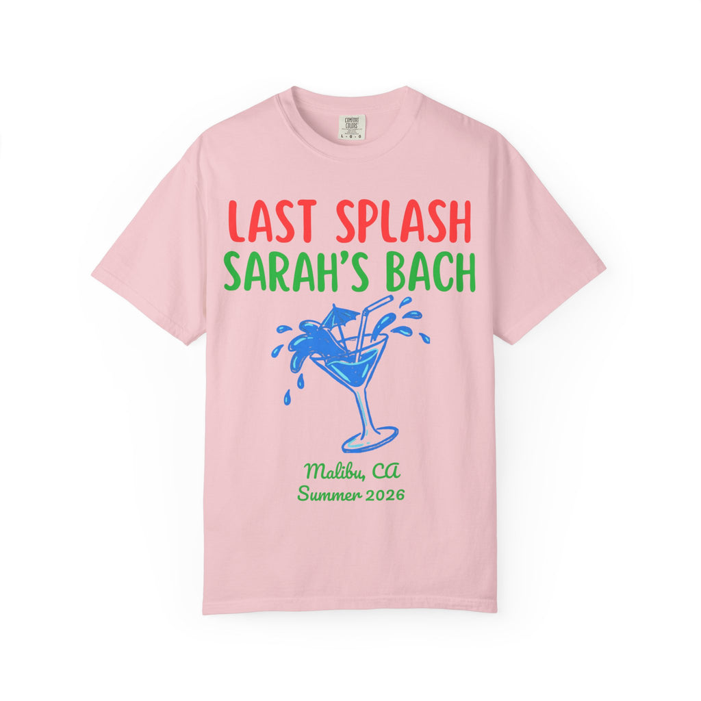 Pink t-shirt with "Last Splash Sarah's Bach" text and cocktail graphic.