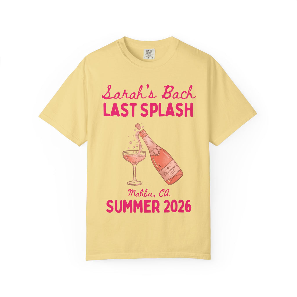 Sarah's Bach Last Splash Malibu, CA Summer 2026 champagne graphic tee.