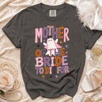 Dark gray t-shirt with "Mother of the Bride to Die For" text and a ghost.