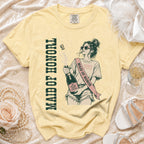 Yellow t-shirt with graphic of woman opening champagne, "Maid Of Honor" text.