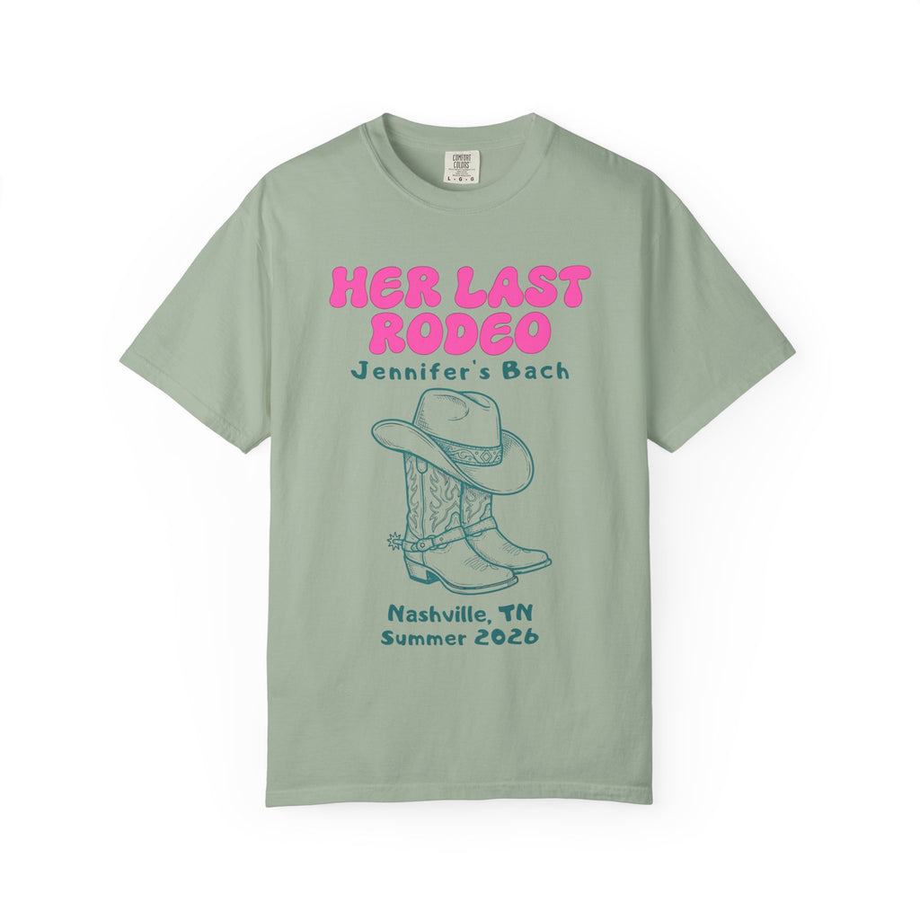 HER LAST RODEO Jennifer's Bach graphic t-shirt with cowboy boots.