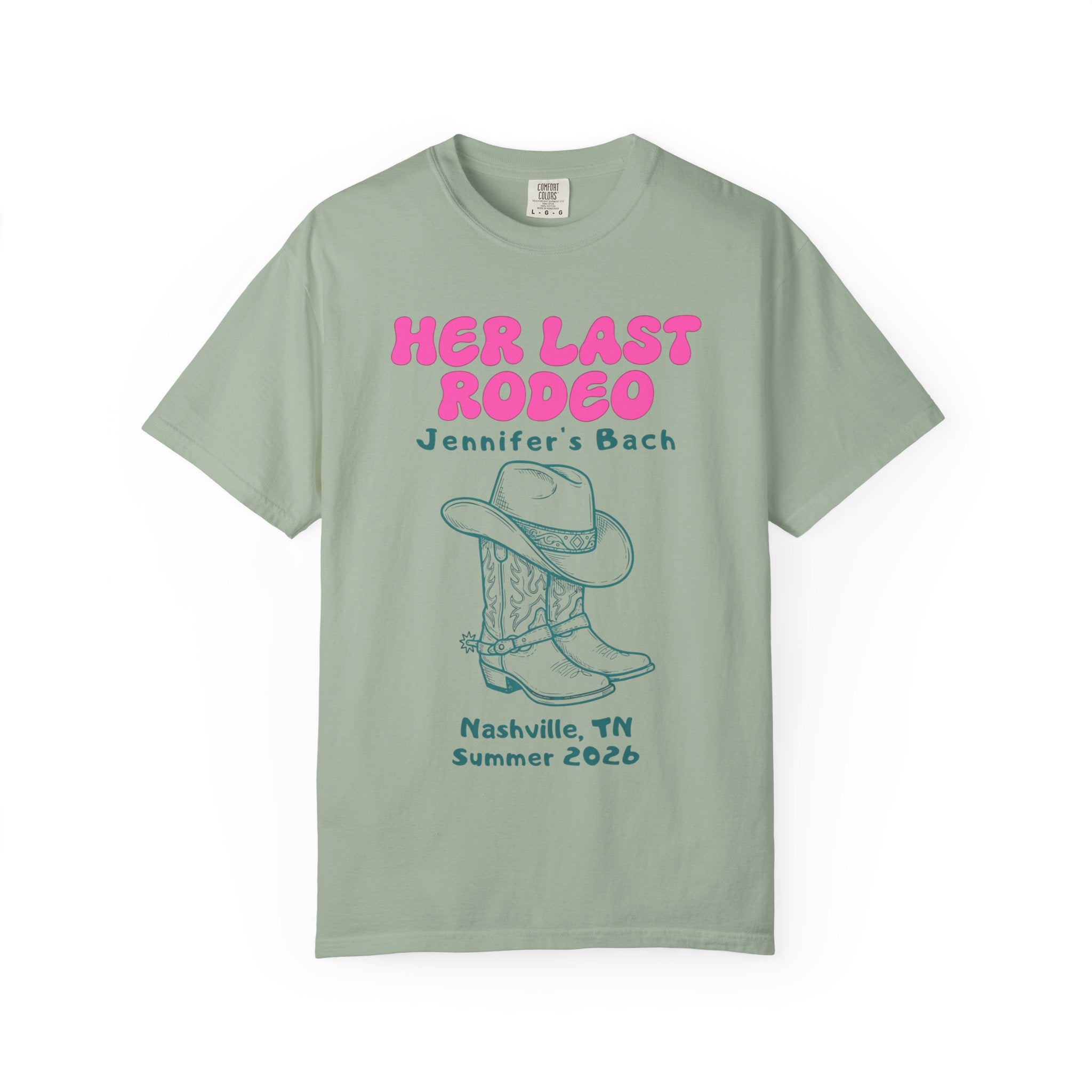 HER LAST RODEO Jennifer's Bach graphic t-shirt with cowboy boots.