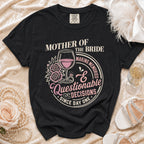 Black Mother of the Bride t-shirt with text and wine glass graphic.