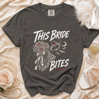 Dark gray t-shirt with "This Bride Bites" graphic featuring roses, ring, and bats.