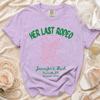 Lavender t-shirt with "Her Last Rodeo" and Nashville bachelorette details.