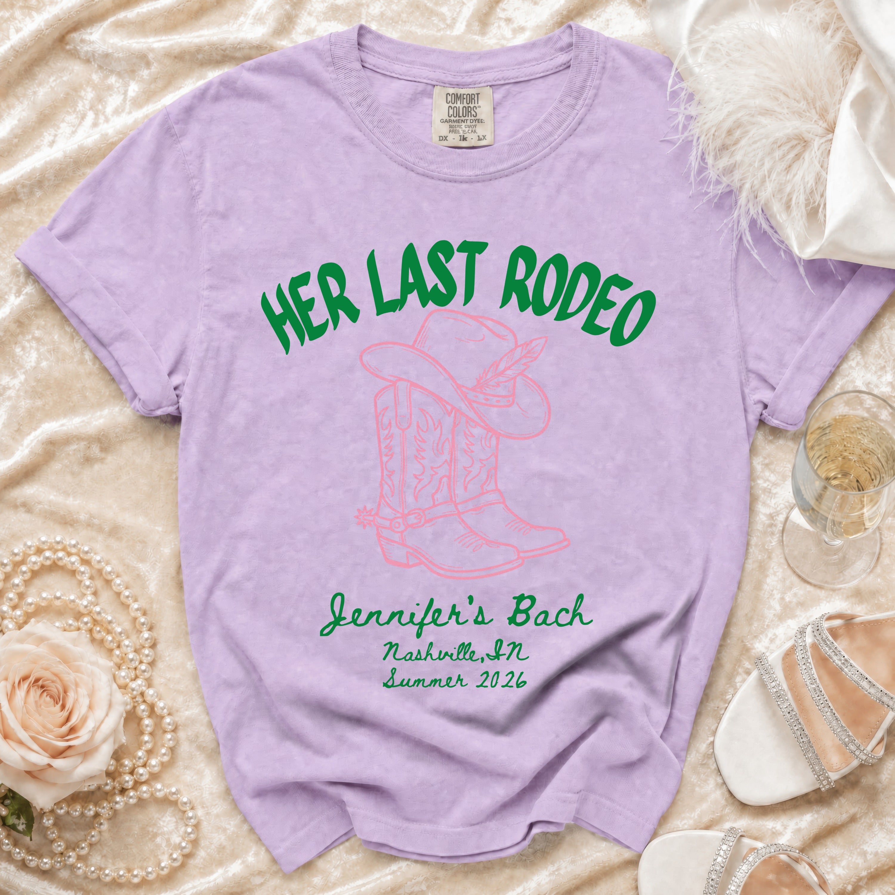 Lavender t-shirt with "Her Last Rodeo" and Nashville bachelorette details.