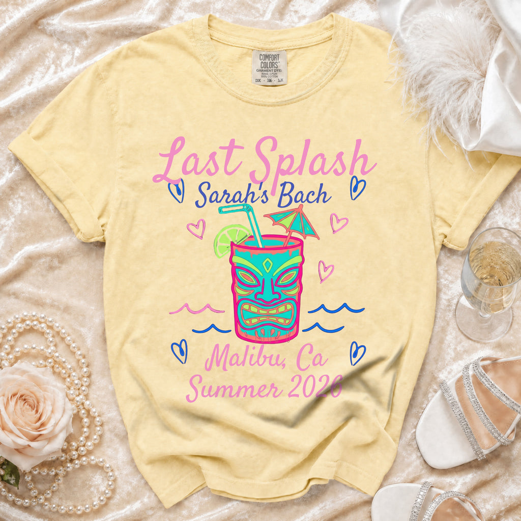 Yellow t-shirt for "Sarah's Bach Last Splash" in Malibu, Summer 2020.