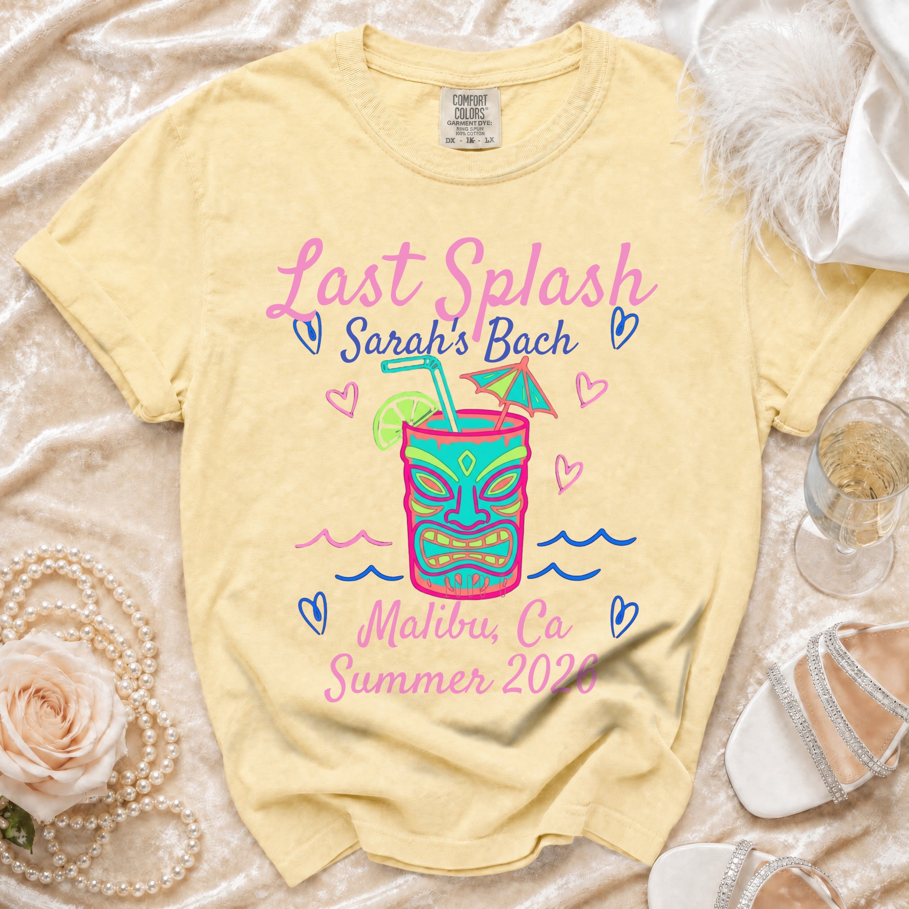 Yellow t-shirt for "Sarah's Bach Last Splash" in Malibu, Summer 2020.