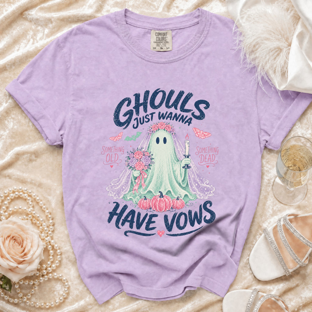 Lavender t-shirt with ghost bride graphic saying "GHOULS JUST WANNA HAVE VOWS".