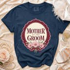 Navy blue t-shirt with "Mother of the Groom" text and floral design.
