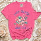 Pink t-shirt with "Last Splash Sarah's Bach Malibu, CA Summer 2026" design.