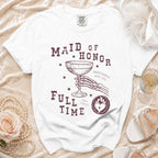 White t-shirt with "Maid of Honor Full Time" graphic and skeleton hand holding champagne.