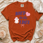 Orange t-shirt with "BOO'D to the I DO'S" text, ghost bride, and pink heart.