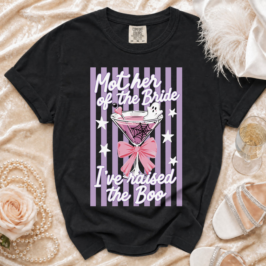 Black t-shirt with "Mother of the Bride I've raised the Boo" Halloween graphic.